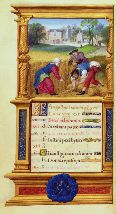 MS W.449 fol.9v August Weizenernte, ca. 1525 von Master Jean de Mauleon